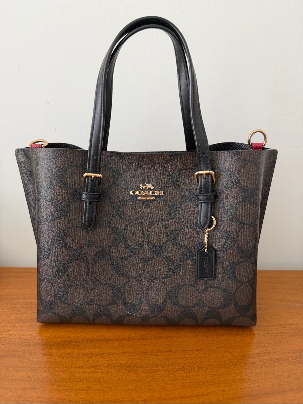 Coach Mollie 25 Tote Signature Canvas Tote Gold/Brown Black with red interior